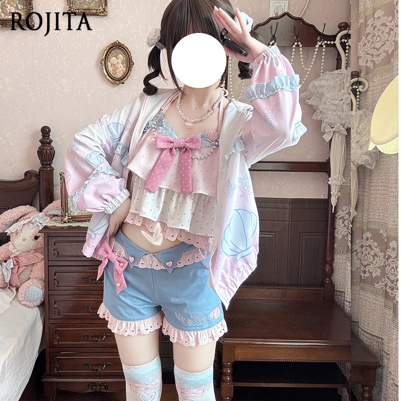 

Sweet Y2k Kawaii Top Shorts Sets Summer New Female Student Cute Bow Polka Dot Vest Denim Shorts Cardigan Jacket Three-piece Set