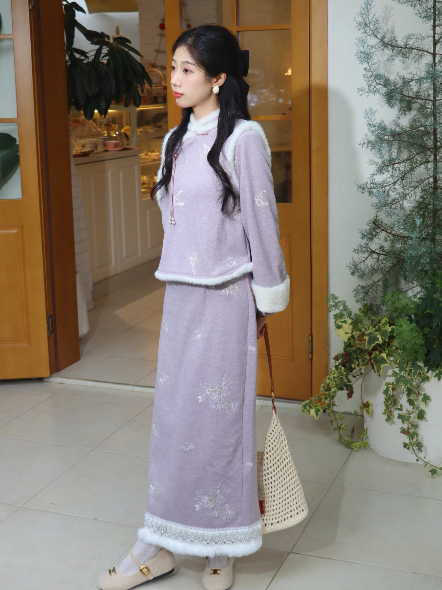 thiened-fce-warmth-winter-new-sle-chinese-vest-set-women-ele-purple-color-highlighting-long-sve-midi