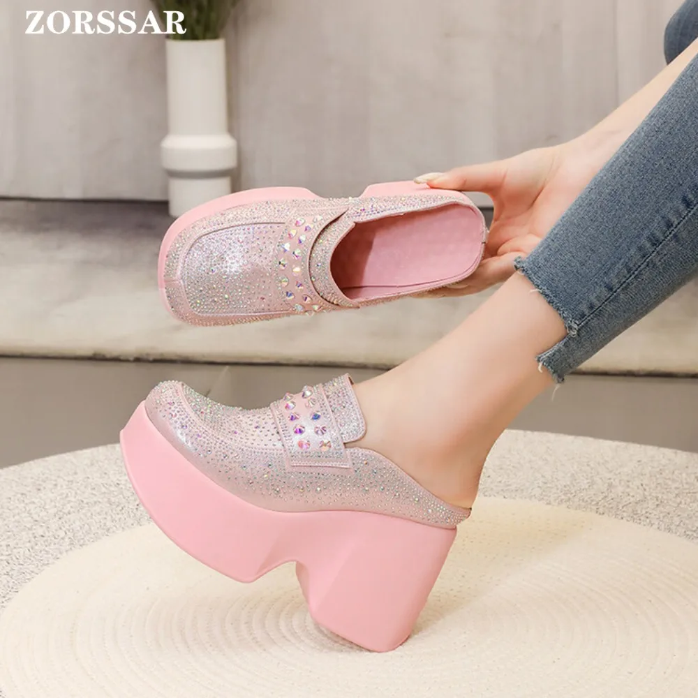 Women Summer Sandal Casual Slingbacks High Heels Pumps Slip on Mules Women Crystal Platform Wedges Slippers Woman