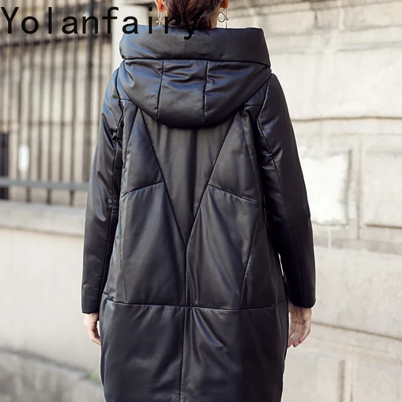 YOLANFAIRY-Combinaison longue à capuche en cuir véritable pour femme, peau de mouton, vêtements d\'extérieur, nouvelle mode, hiver