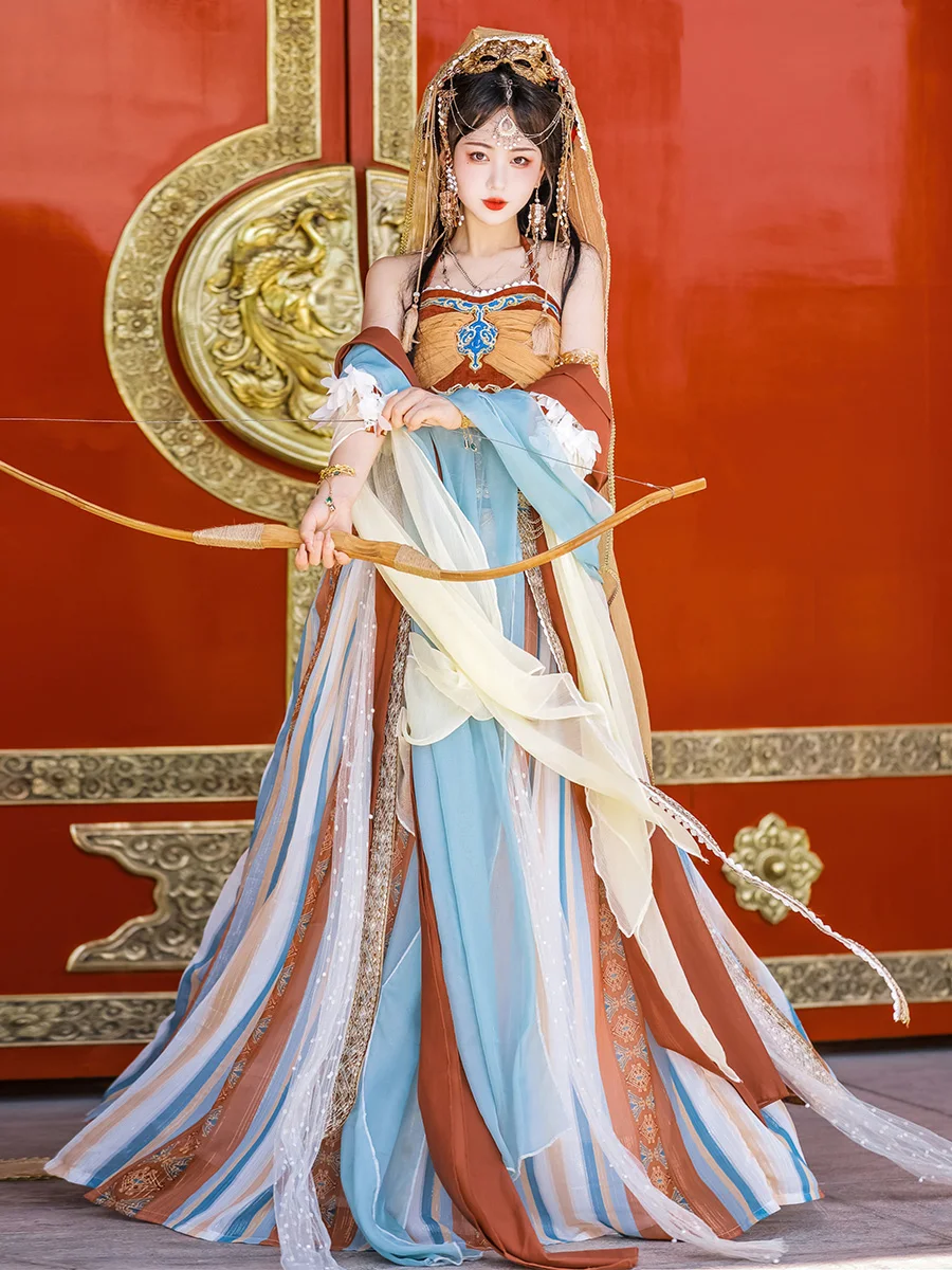 Princess of Tianzhu Original Dunhuang Exotic Customs Hanfu Soft Female Western Region Goddess Dance Full Set 7PCS Blue Orange
