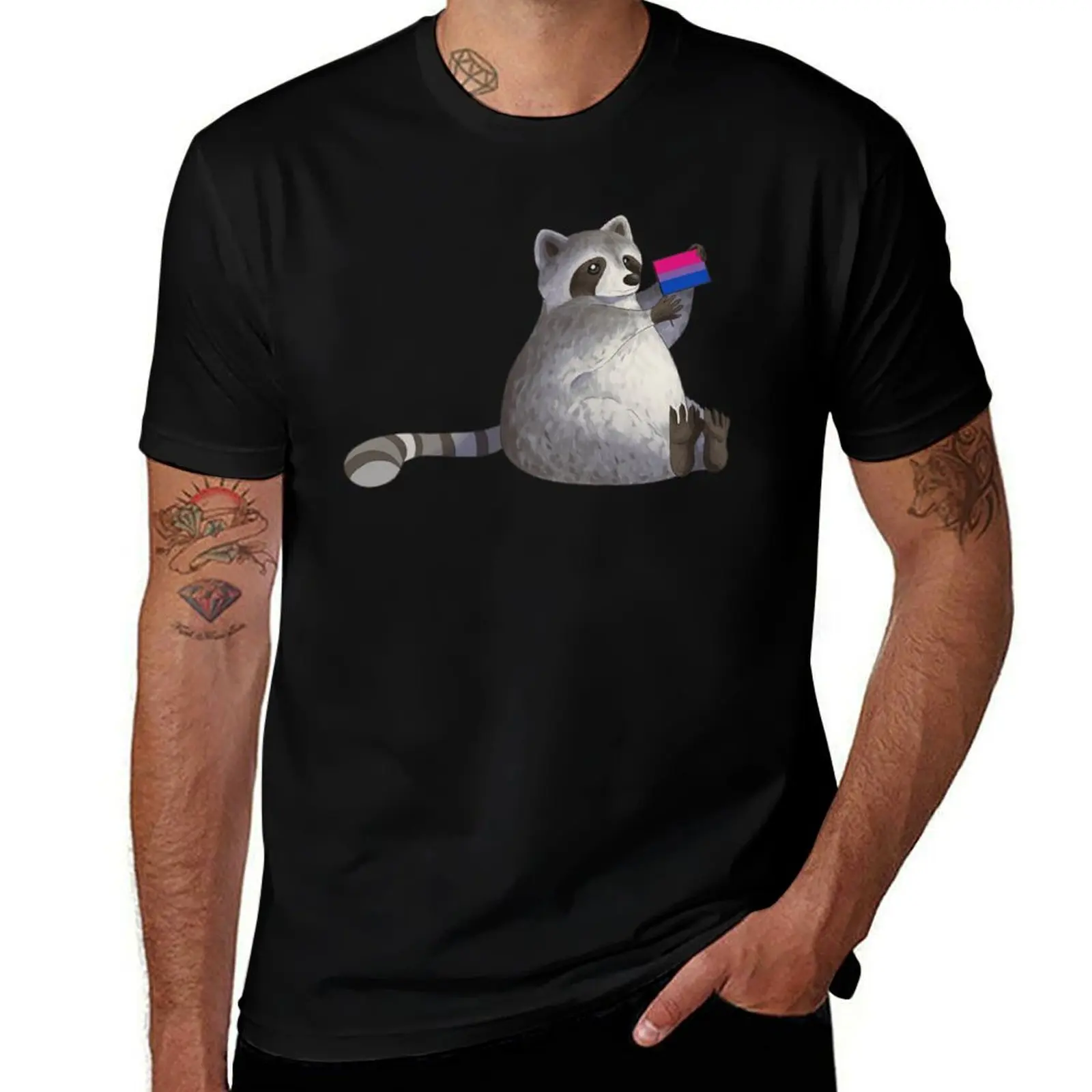 Bisexual Pride Raccoon T-Shirt Anti-Fade Casual Tee Shirt T-Shirt