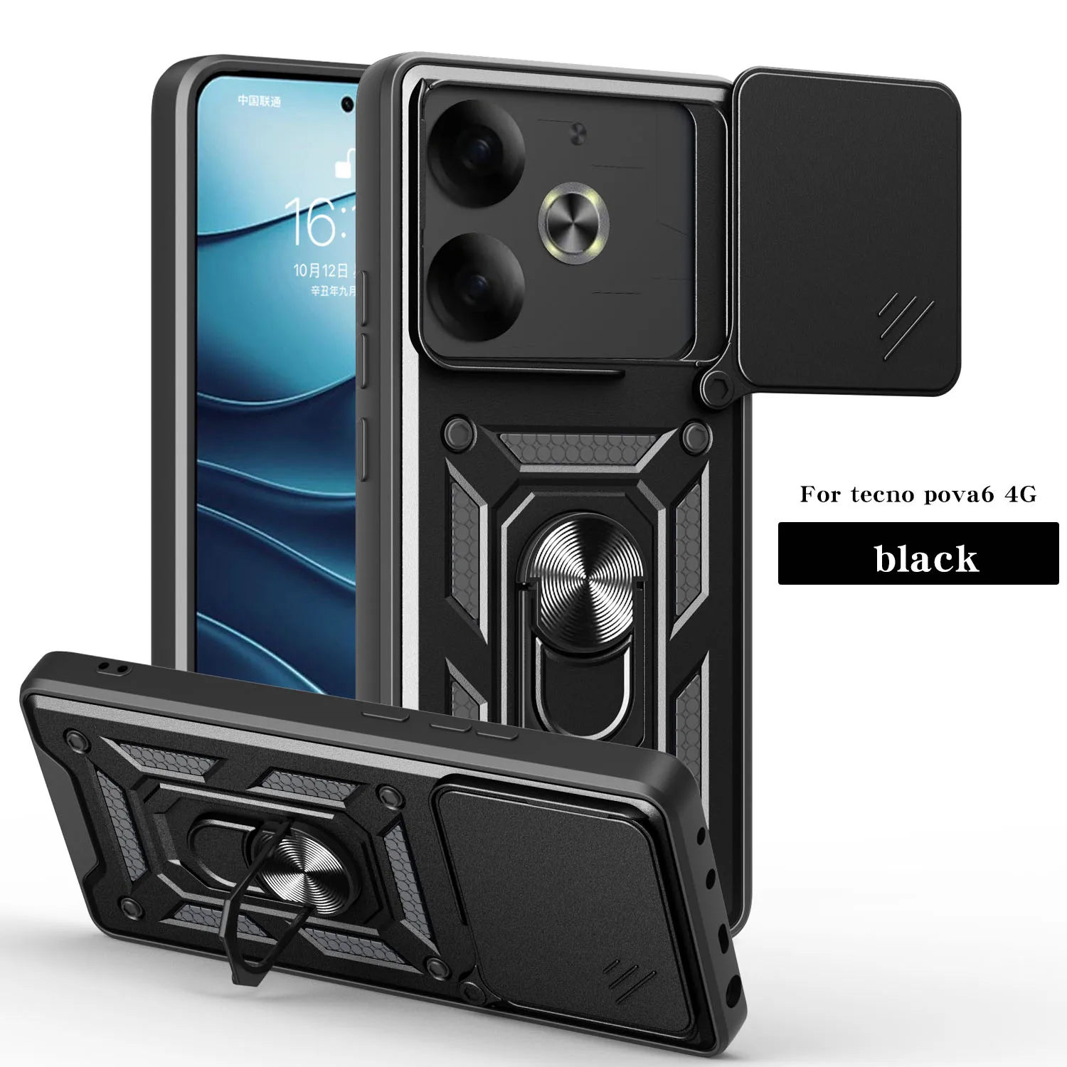 Funda para Tecno Pova 6, Funda para Tecno Pova 6 Pro, Funda Protectora con Anillo Magnético para Pova 6 Pro 5G, Funda Protectora para Cámara Deslizante, Cubierta Trasera Protectora