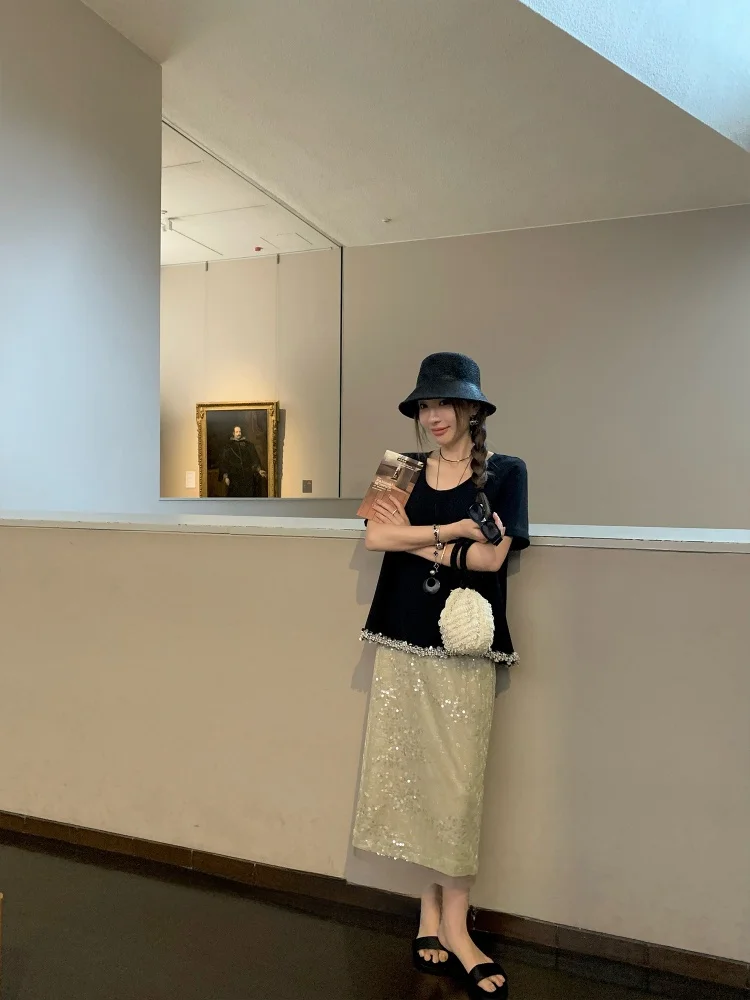 

Handmade Beaded Sequin Skirt High Waist Straight Cut Commute Sle Ladies' Casual Bright Tead Embroidery f Body Skirt