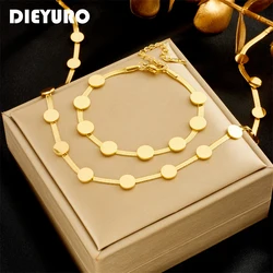 DIEYURO 316L Stainless Steel Gold Color Round Choker Necklace Bracelets For Women Girl Fashion Non-fading Jewelry Set Accessory