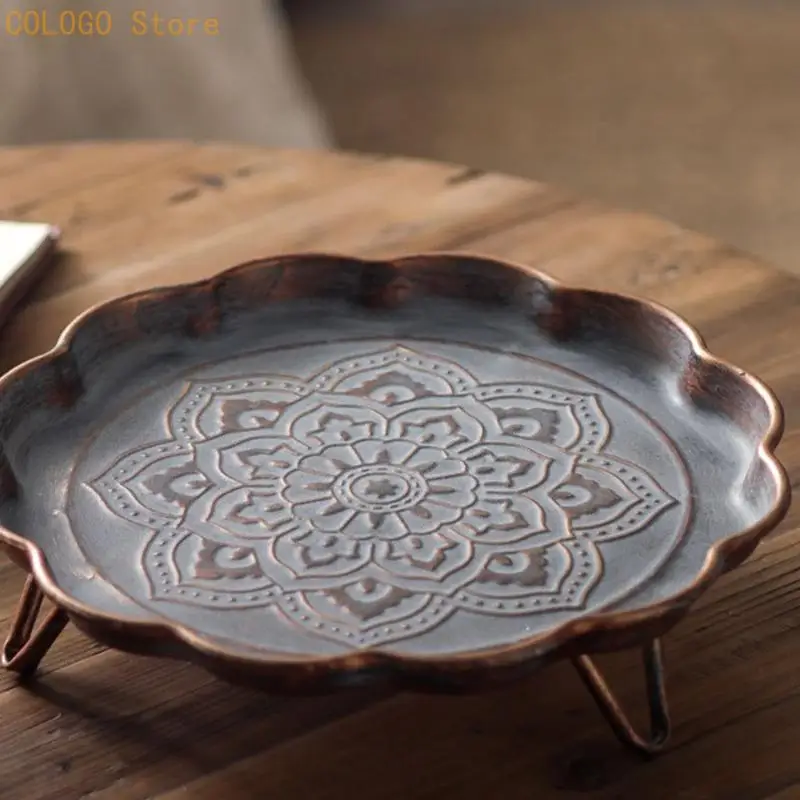 Dark Brown Iron Display Tray with Warm Shaded Flower Pattern D0LD