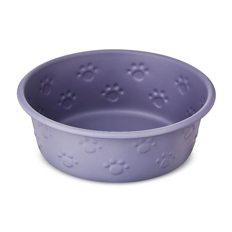 Medium Stainless Steel Embossed Dog Bowl, Purple Paws