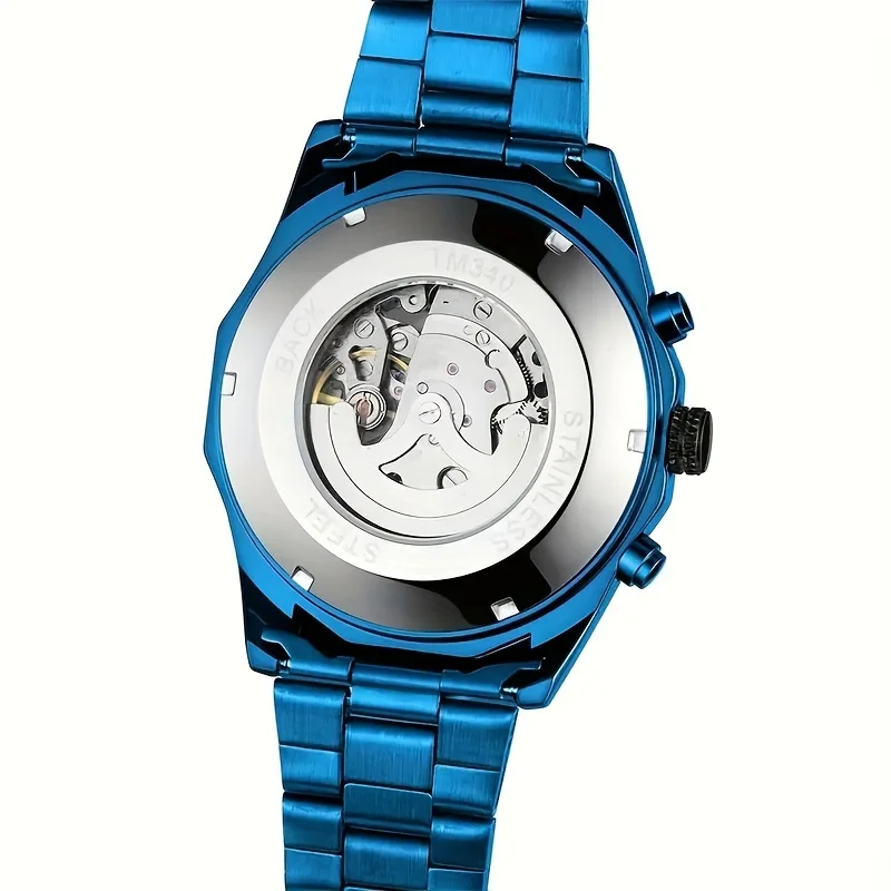 Luxurious Men's Business-Style Mechanical Watch, Hollow Design, Stainless Steel Strap, Round Dial, Automatic Winding, Alloy Case, Fashionable Casual Timepiece, Ideal for Daily Wear and as a Gift, No Battery Required
