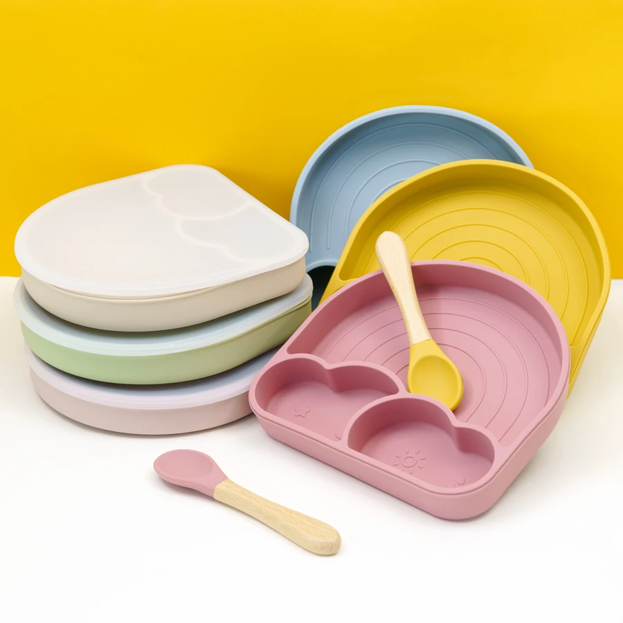 Baby Safe Silicone Dining Plate Suction Dishes Plate Toddle Training Feeding Sucker Kawaii Rainbow Bowls Children\'s Tableware