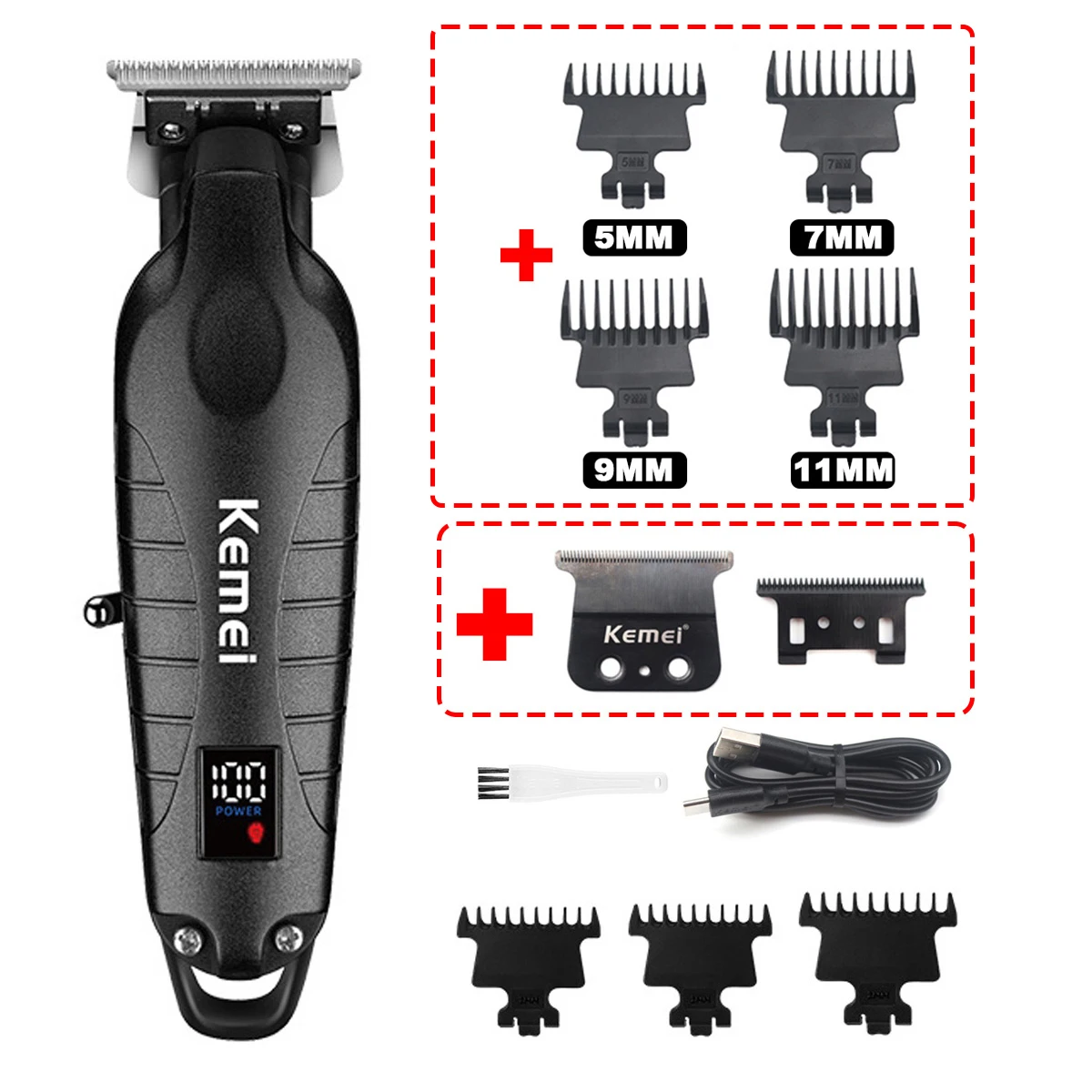 Kemei KM-2293 Zero Gapped profesjonalna maszynka do włosów w całości z metalu DLC T-Blade maszyna wykańczająca USB LED męska maszynka do strzyżenia włosów — zdjęcie 2