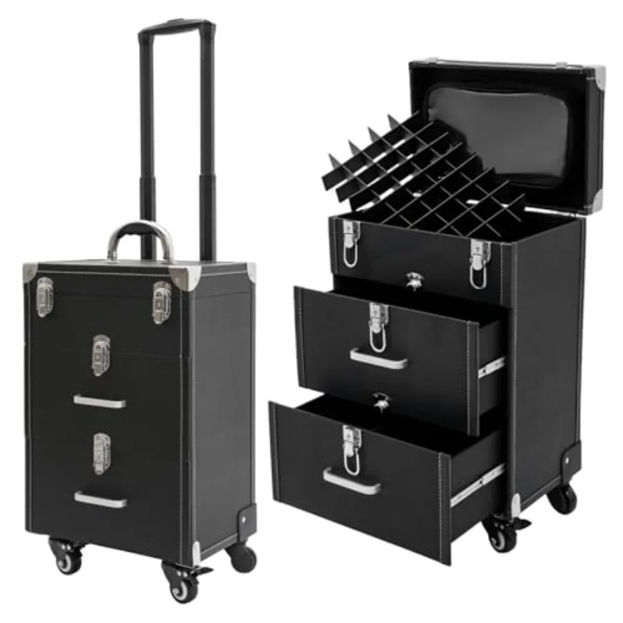 

Makeup Train Case Professional 45 Independent Slots Detachable Transparent Cosmetic Bag Classic Black Body Silver Hardware Cosm