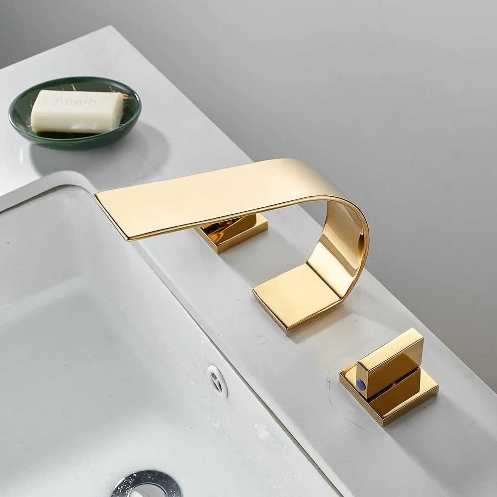 BAKALA 3 Pieces Brush And Gold Deck Mounted Waterfall Wide Spout Double Handles Bath Bathtub Faucet Bathroom Mixer Tap