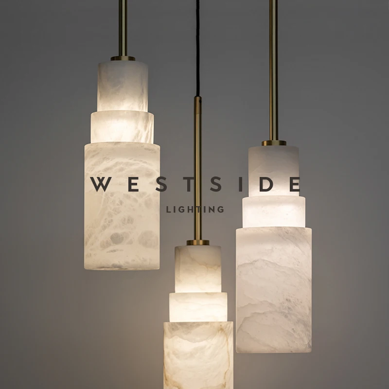 

Spanish Natural Marble Pendant Light Triple-Head Brass Dining Table Bar Bedroom Bedside Lighting Translucent Stone Home Lamp