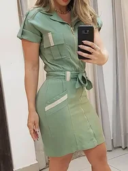 Vestido camisero a rayas con cremallera frontal para mujer, ropa de trabajo, manga corta, informal, diario, Verano