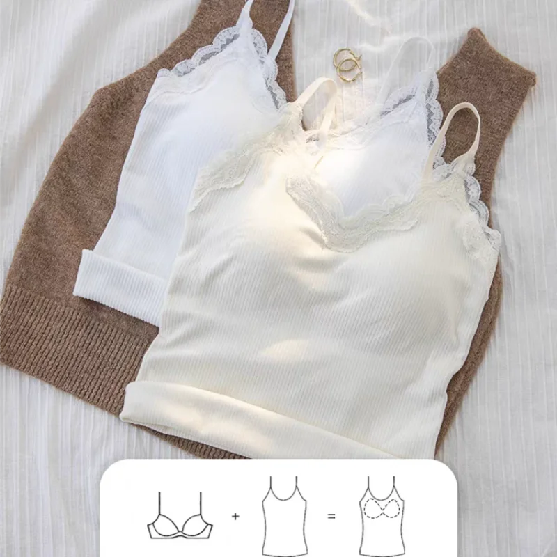 

Lace Tank Top Women Cropped V-neck Solid Tank Top Versatile White Interior Y2k Clothes With Bra Pad Korean Sleeveless Black Vest