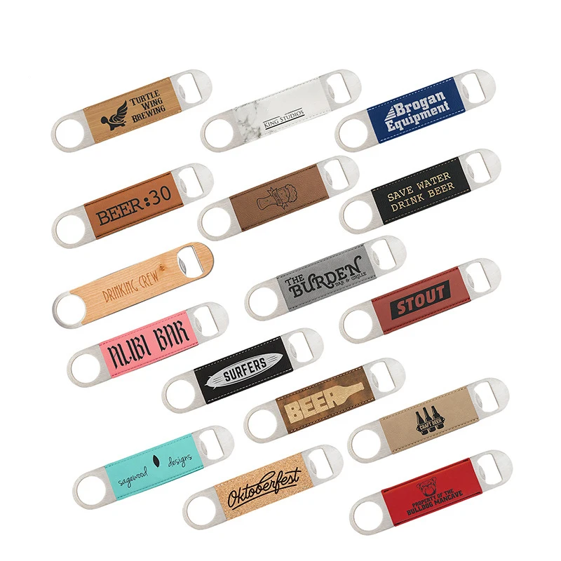 DHL100pcs Laser Engraved  Customized Logo Blank Pu Leather Stainless Steel Beers Long  Bottle Opener