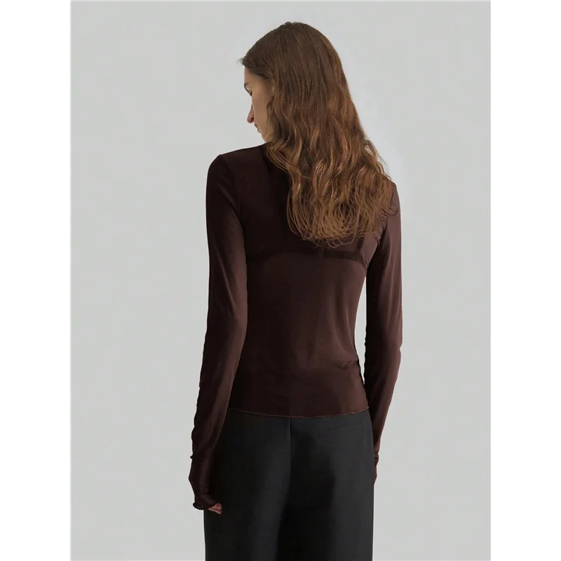 NEW-Women's Stand-Up Collar Solid Color Mesh Slim Long-Sleeved Top, See-Through Shirt