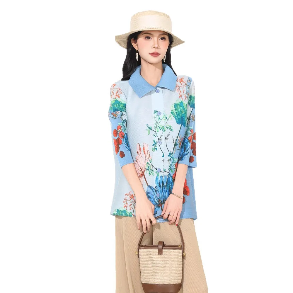 Miyake's New Spring and Summer Top Women's Pleated Fashion Print Loose Foreign Style Versatile Casual Lapel Breasted Shirt
