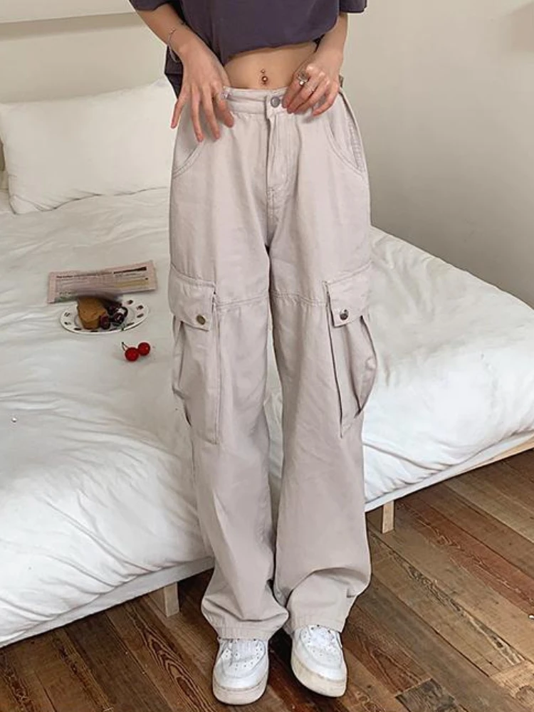 

Pure Colour Casual Fashion Pants Women Pockets Korean Designer Baggy Pants Female Holiday High Street Vintage Cargo Pants 2023