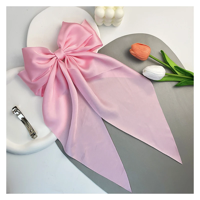 Solid Color Long Large Bow Hairpin With Long Floating Back Of Head And Temperament Satin Spring Clip Top Clip Hair Accessory