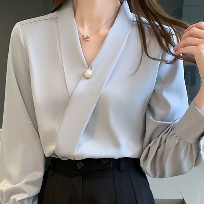 Office Ladies Blouses Women Satin V-neck Long Sleeve Blusas Social Formal Workwear Cozyy Pearl Ins Popular Modern Casual Tops