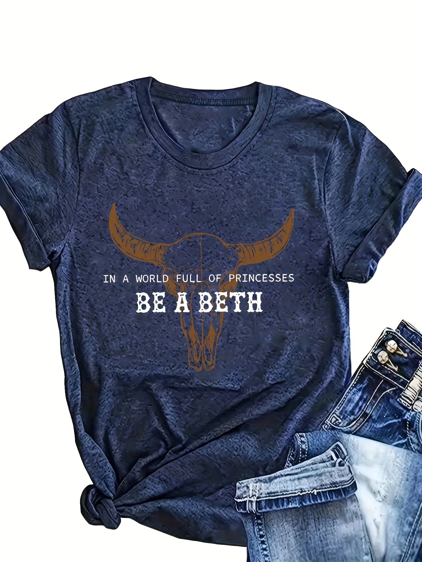 

Plus - Size Dark Blue Round Neck T - Shirt with Bull Skull Print and Empowering Quote: Western - inspired and Independent