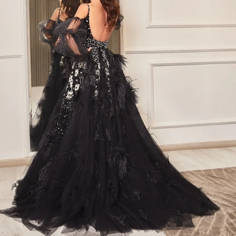 

Ashely Alsa Gothic Black Prom Dresses Long Spaghetti Strap Beading Feather Women Formal Evening Dress Party Occasion Gown 2024