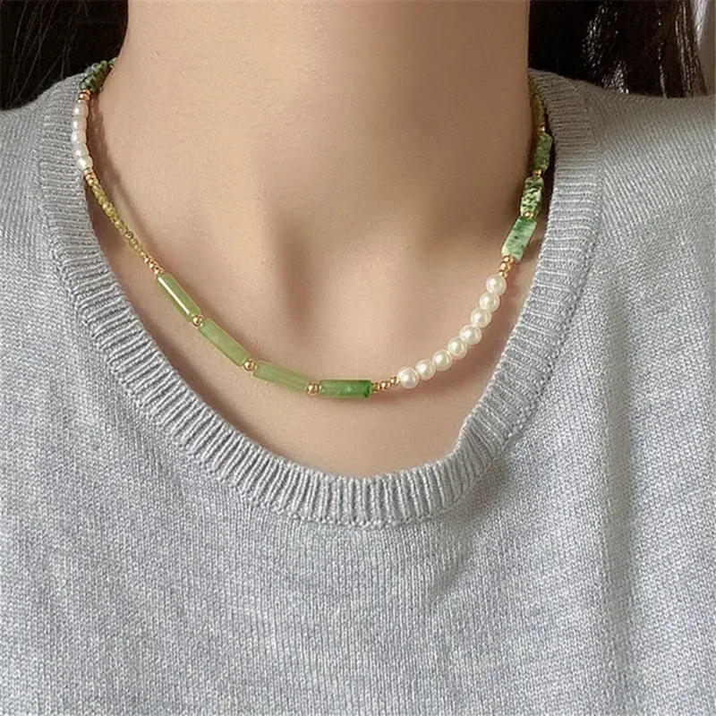 925 Silver Natural Pearl Xiuyan Jade Peridot Female Necklace Vintage National Trend Temperament Versatile Niche Clavicle Chain