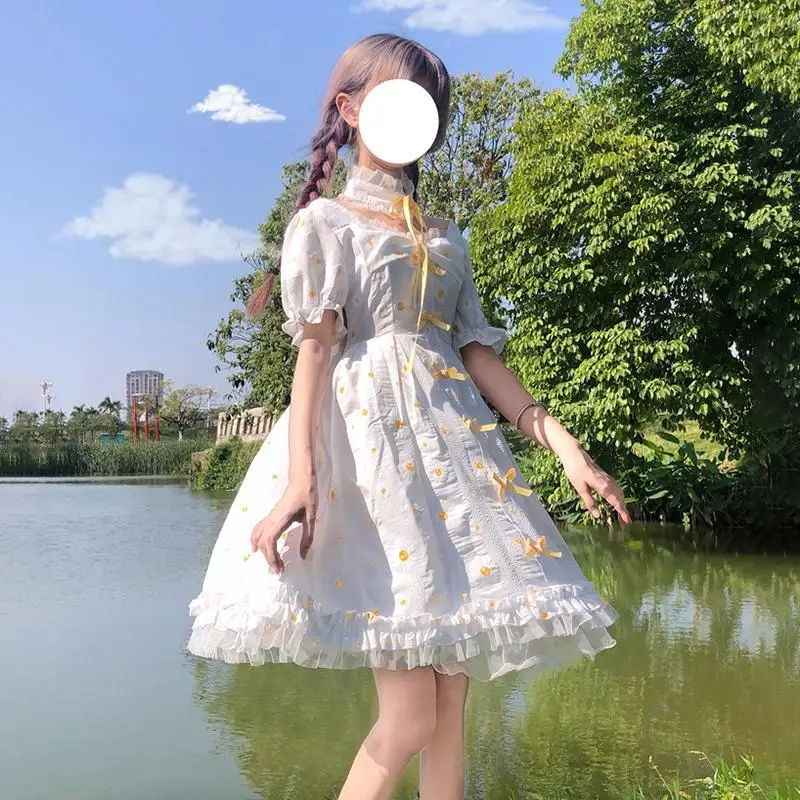 

Japanese Sweet Style Square Collar Bow Small Daisy Ruffled Dress Women'S Summer New Lolita Design Skirt