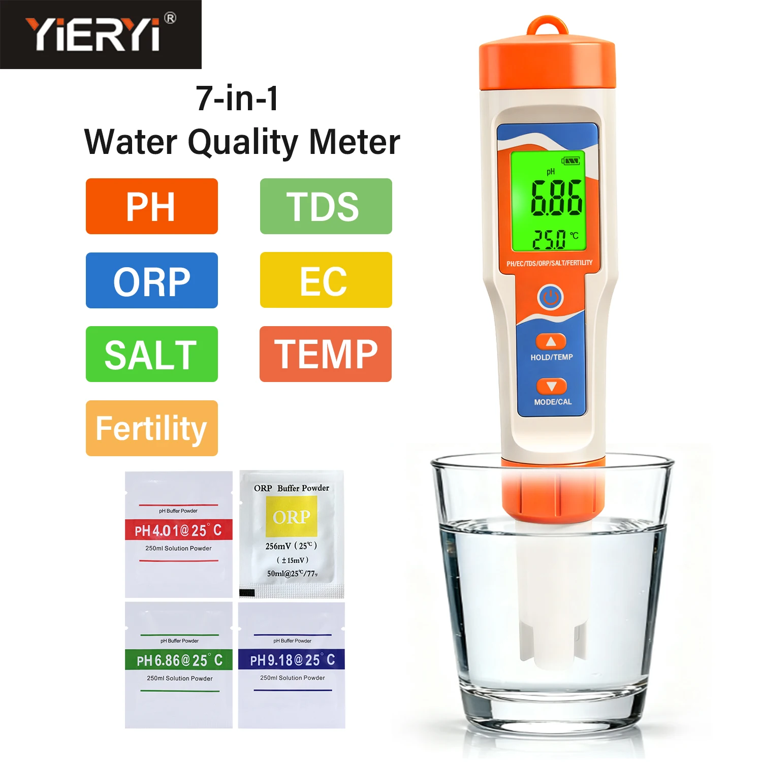 

Yieryi 7 in 1 Digital PH/Salt/ORP/EC/TDS/Fertility/Temp Meter 0.01 High Accuracy Water pH Tester for Aquarium Pool Hydroponics