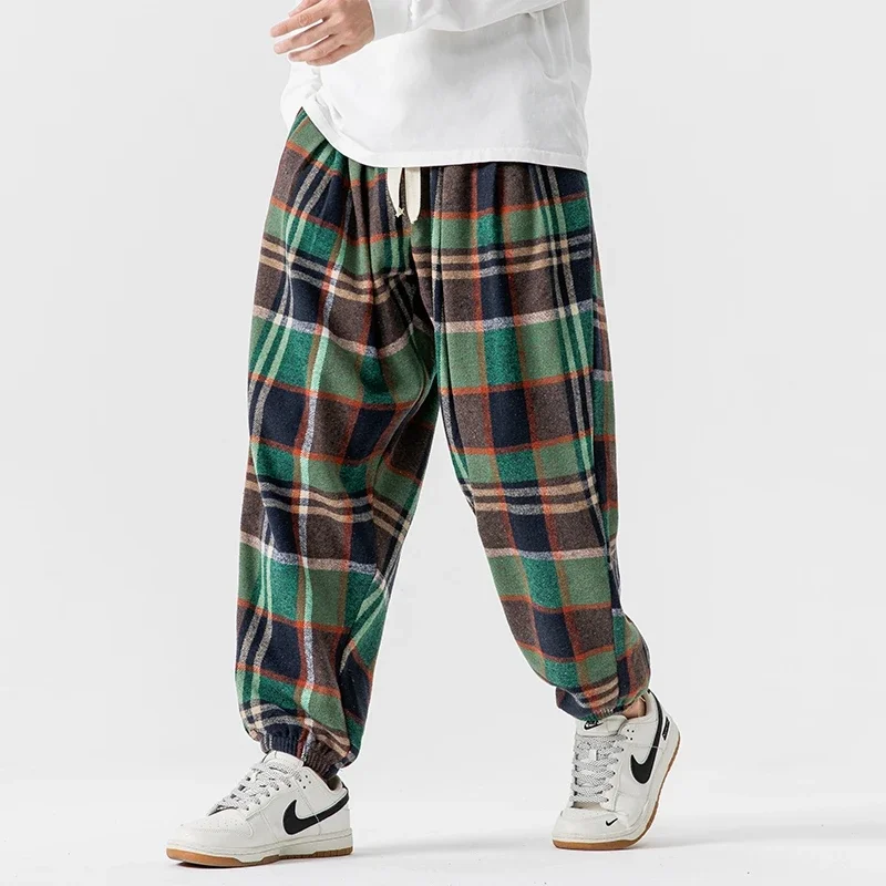 Retro Plaid Pants Men Fashion Fleece Pants Male Elastic Waist Thicken Casual Harajuku Style Sweatpants Mens Baggy Loose Trousers