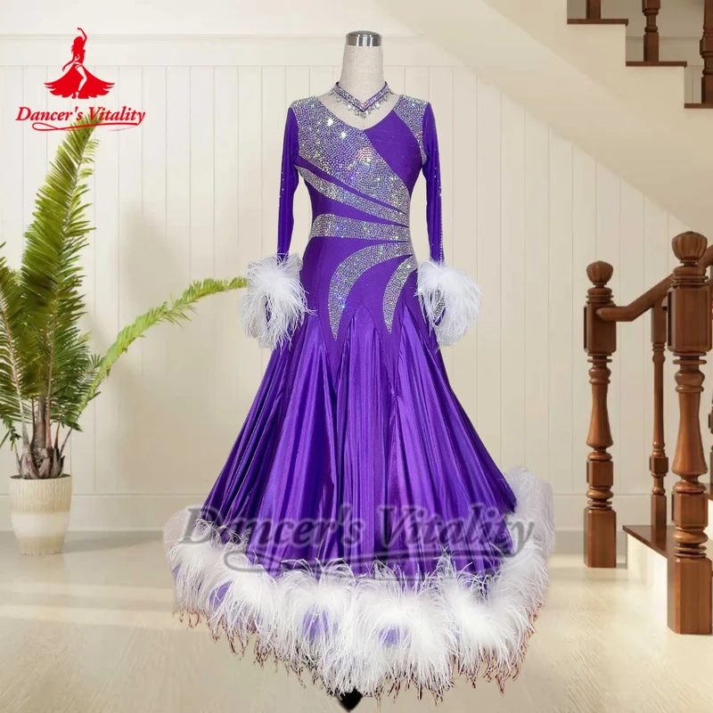 소셜 댄스 V자형 백 럭셔리 드레스, 목걸이 포함, 댄서의 활력을 담은 여성 왈츠, 타조 깃털 하단 헴라인 의상, 맞춤 제작