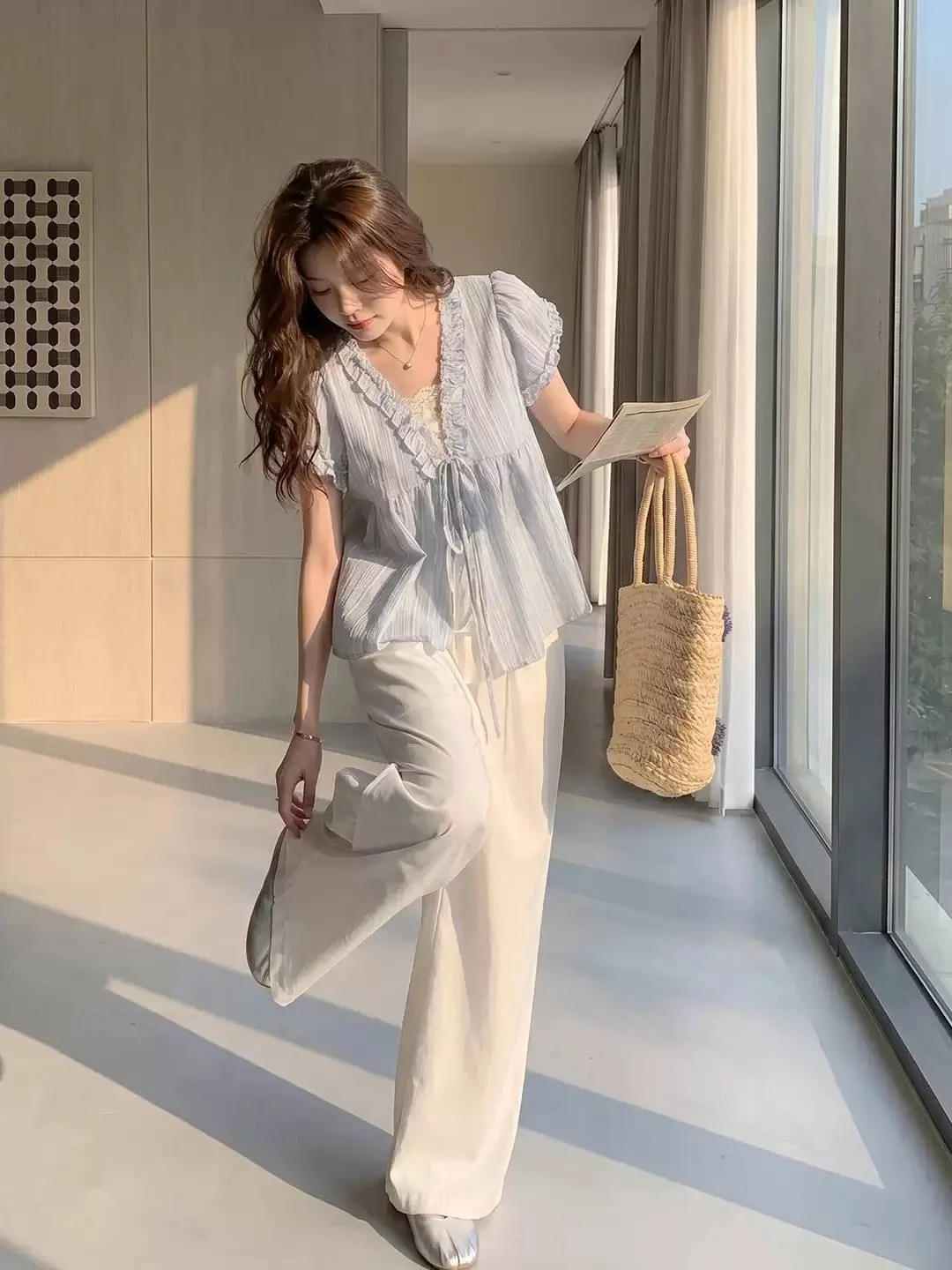 Sweet Style Short Sleeve V-Neck Women's Shirt Loose Fit Gathered Design Korean Style Summer Top with Bow Tie Wooden 