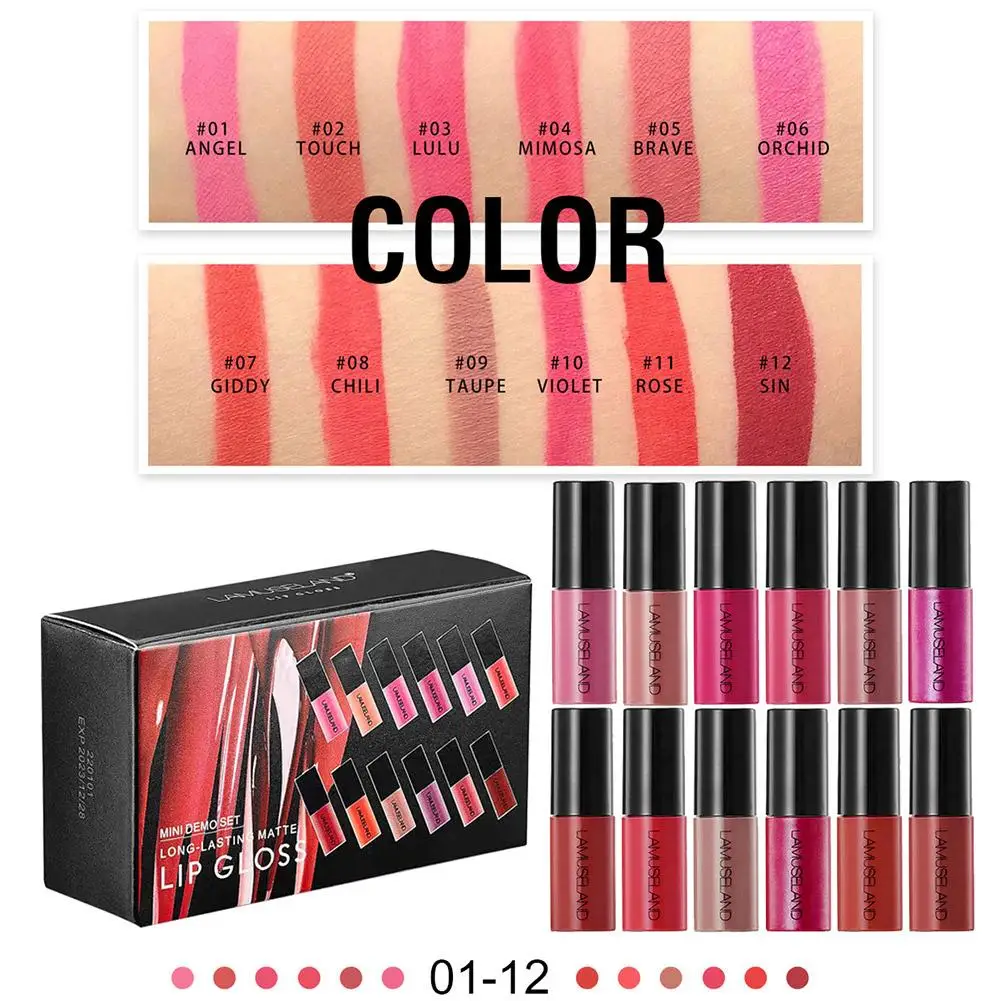 ลิปกลอสแบบมืออาชีพ12สีตัวอย่างลิปกลอสแบบถ้วยเคลือบด้านเครื่องสำอาง lipstik Tahan lama ของเหลวติดทนนาน N7O5