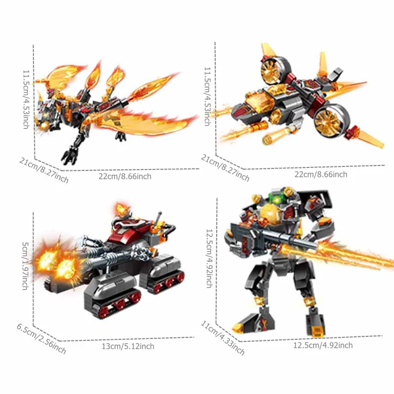 SEMBO 861pcs 4IN1 Lava War God-LvBu Transforming Mech Assemblage Building Blocks Tank Fighter Dragon Model Bricks Boys Toys Gift