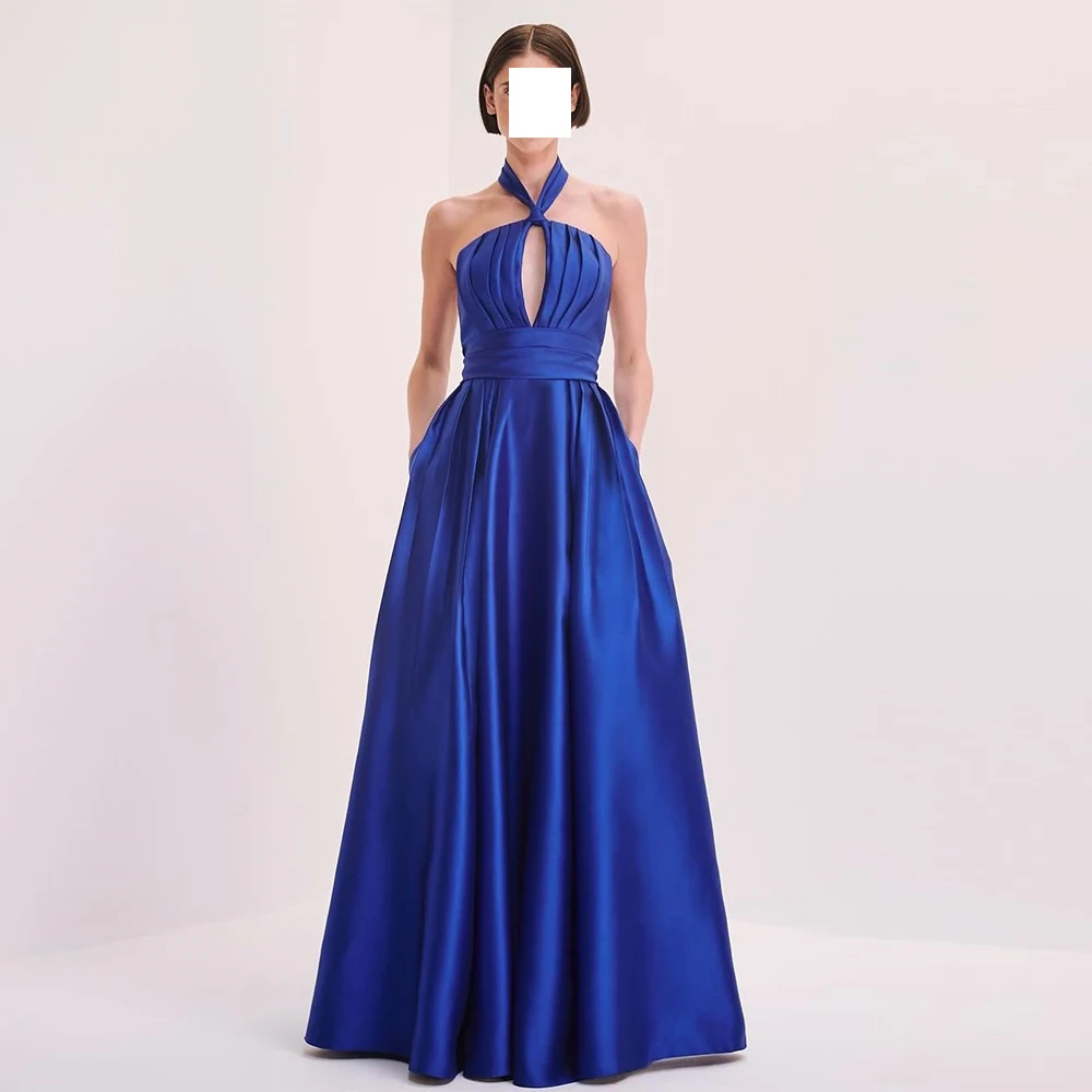 

Customized Elegant Satin Blue Evening Dress High Quality Halter A-Line Sleeveless Floor Length Backless Special Occasion Gowns