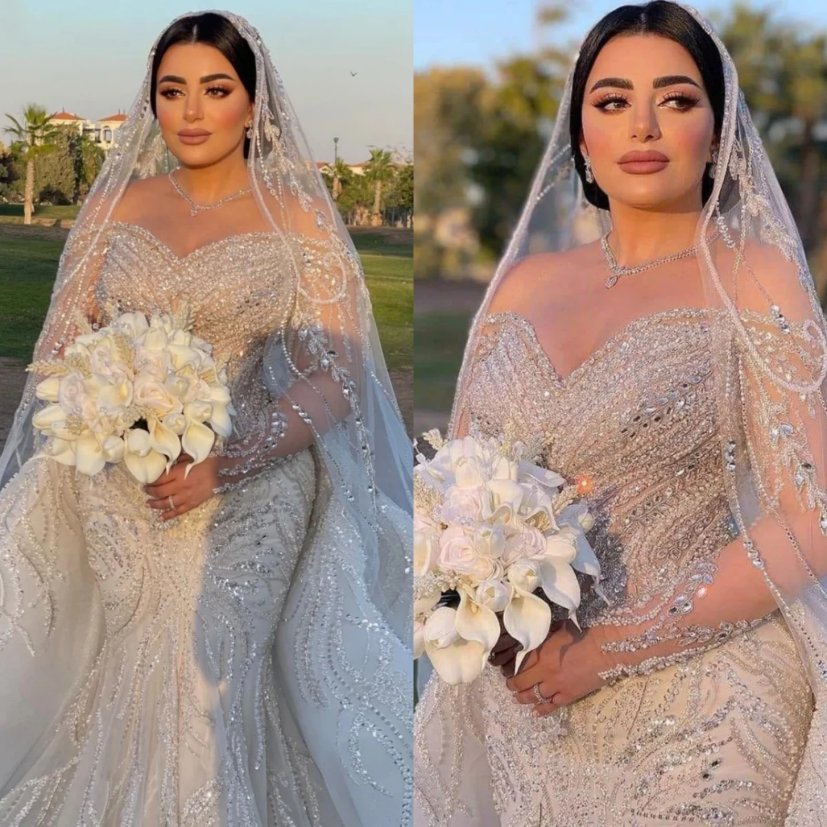 

Luxury Mermaid Wedding Dress Sweetheart Neck Long Sleeves Bridal Gowns Sequins Lace Detachable Train Dresses Customized