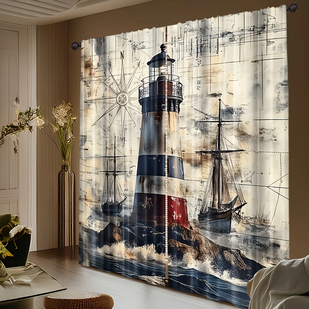2 Panels Ocean Sailing Boat Print Curtains Nautical Ship Art Decor for Bedroom Office Kitchen Living Room Study Decorative
