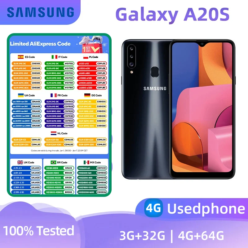 Samsung Galaxy A20S 4g Smartphone Snapdragon450 32GB 6.5-inches Screen 13MP Camera Android Original Used Phone