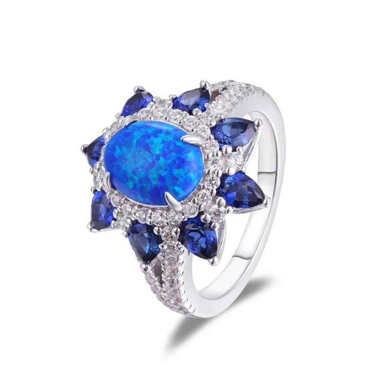 

ZFSILVER 925 Silver Luxury Trendy 3ct Cultivate Gemstone Blue Sunflower Ring For Charms Women Wedding Party Jewelry Gift R3-0775