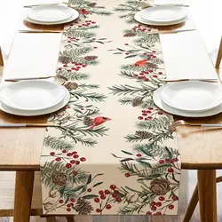 Winter Christmas Pine Cone Cardinal Red Birds Berry Linen Table Runner Party Decor Pine Needle Table Runners Navidad Decorations