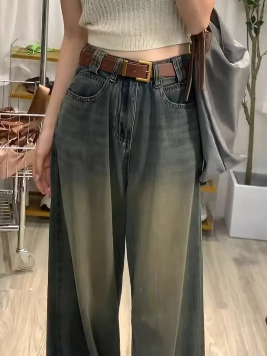 plus Size Women's High Waist Wide Leg Jeans Loose Fit Draped Loose Long Straight Tube Pants Retro American High Street Sle