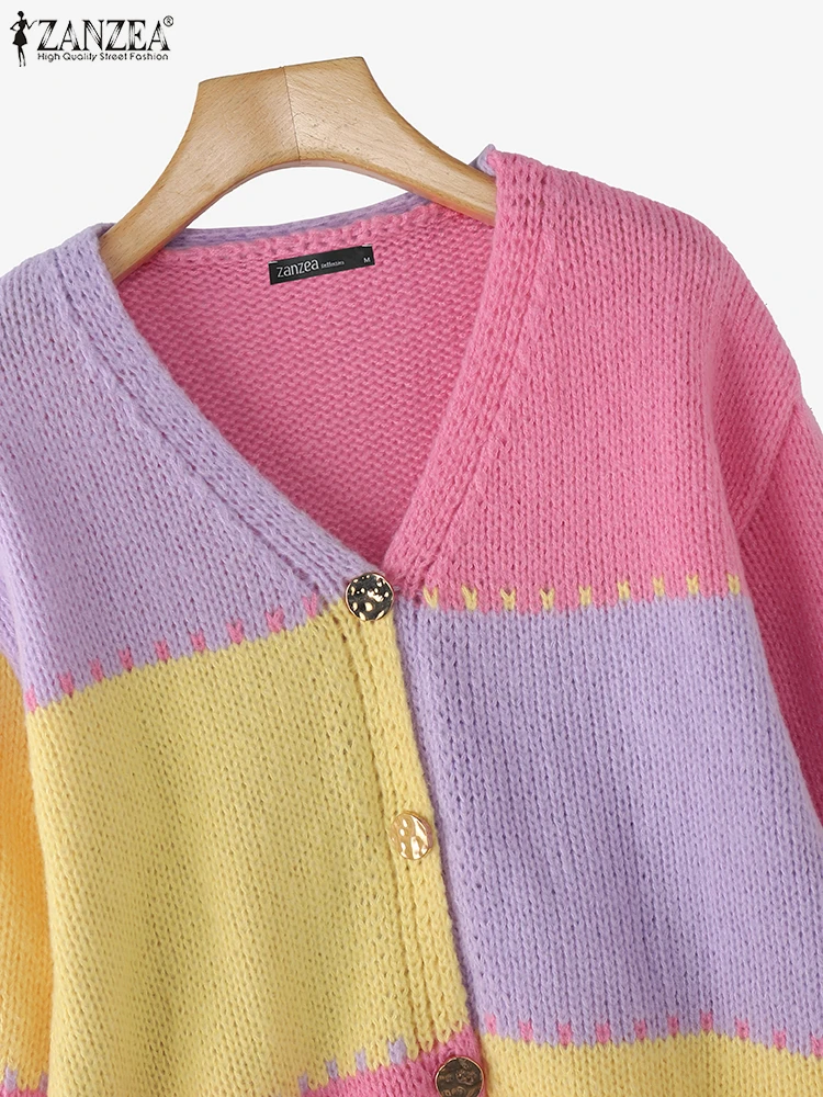 2025 zanzea malha cor retalhos blusas femininas moda manga longa malhas cardigans outono com decote em v casual solto jumpers