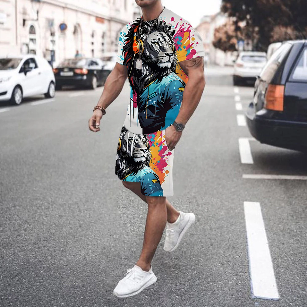 

Men's casual sports suit round neck short sleeved loose shirt shorts set style clothing personalized street wear summer new item