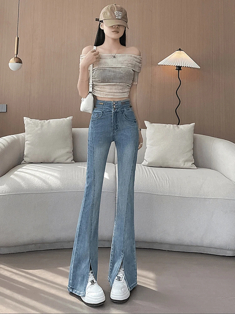 High Waist Slim Fit Micro Flared Jeans Women's Summer New Style Taller Visual Casual Pants Open Slit Denim Skinnies