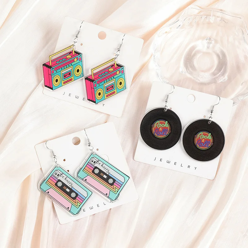 Vintage Kassettenband Anhänger Ohrringe für Frauen Lustige Retro Farbe Acryl Filmband Ohrringe Geschenke Schmuck