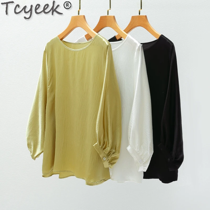 Tcyeek 100% Mulberry Silk T-shirt 2024 Black Top Female Spring Summer 19mm Real Silk Tops Elegant T-Shirts for Women Clothing