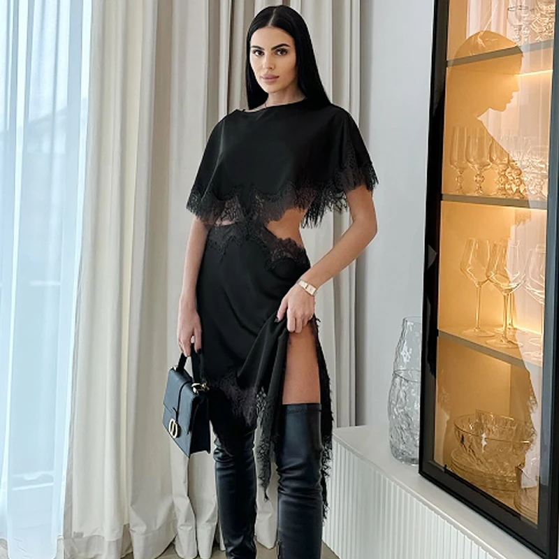 HXAO 섹시한 레이스 비대칭 새틴 드레스 여성 드레스 이브닝 드레스 미니 오-넥 배트윙 슬리브 베스 티도 컷 아웃 크리스마스 드레스