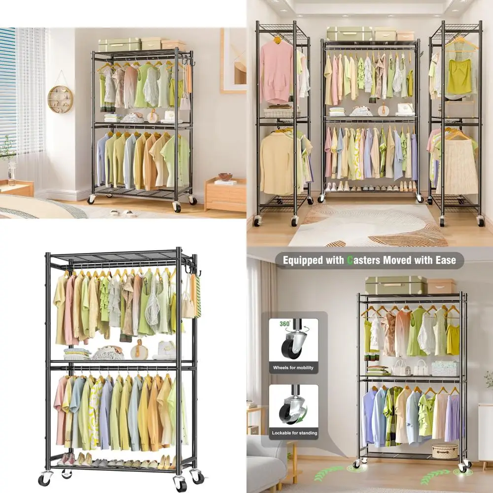 

Double Rod Metal Garment Rack with 3 Shelves, Portable Rolling Clothes Organizer on Wheels