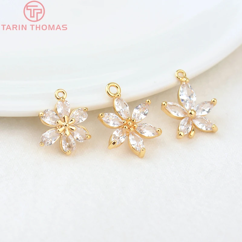 (908)4PCS 18.5*13.5MM 24K Gold Color Brass with Zircon Flower Charms Pendants High Quality Diy Jewelry Findings Accessories